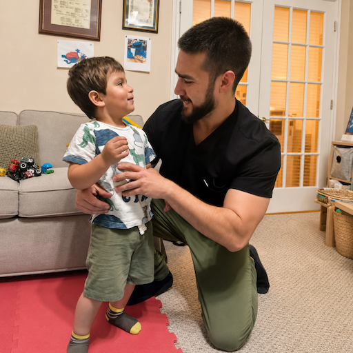 A caring therapist working one-on-one with a young child using colorful learning materials in a bright home setting